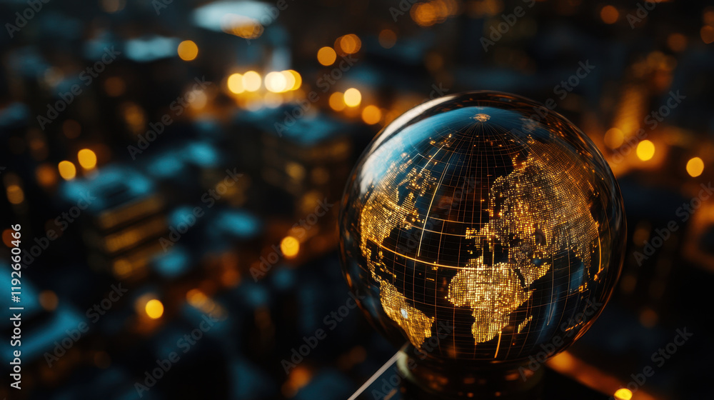 glowing globe representing global business and economic growth, surrounded by cityscape at night, showcasing illuminated buildings and vibrant atmosphere glowing globe representing global business and economic growth, surrounded by cityscape at night, showcasing illuminated buildings and vibrant atmosphere