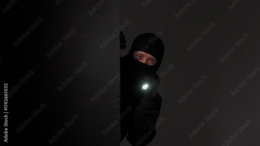 An Intruder is Looming Stealthily in the Shadows while Guiding a Flashlight in the Darkness An Intruder is Looming Stealthily in the Shadows while Guiding a Flashlight in the Darkness