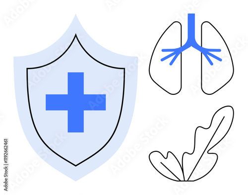 Shield with a blue cross, stylized lungs with bronchial tubes, and an organic leaf outline. Ideal for health, wellness, protection, medical care, breathing, nature connection and holistic practices