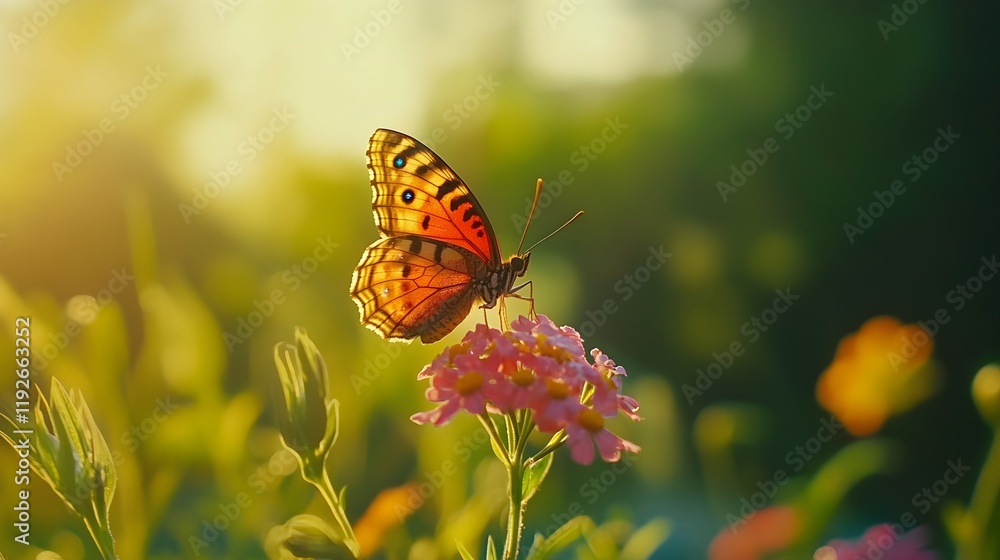 Obraz premium A close-up of a vibrant butterfly perched on a colorful flower, with intricate patterns on its wings in sharp focus. The natural outdoor lighting highlights each detail, and the softly blurred 