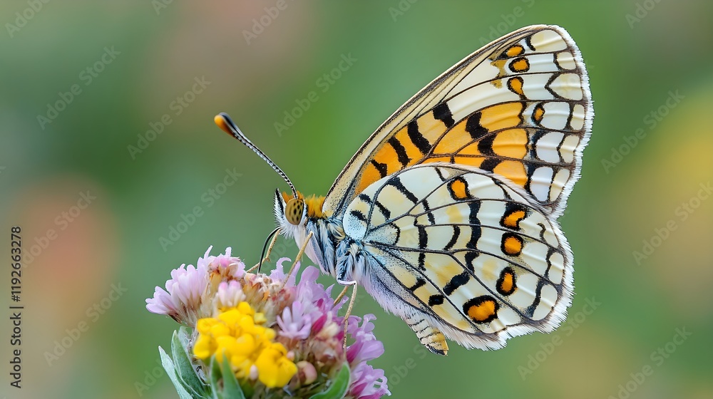 Obraz premium A close-up of a vibrant butterfly perched on a colorful flower, with intricate patterns on its wings in sharp focus. The natural outdoor lighting highlights each detail, and the softly blurred 