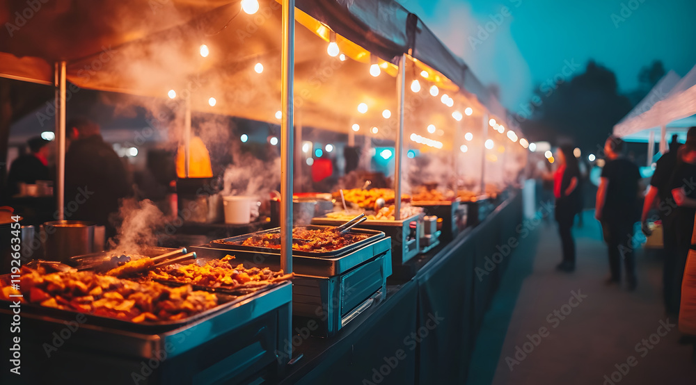 Fototapeta premium A vibrant outdoor food market scene filled with smoke, glowing lights, and delicious grilled dishes, creating a lively evening atmosphere.