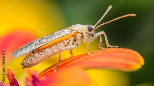 Wallpaper Mural A macro shot of a tiny insect perched on a colorful flower petal, showcasing the delicate relationship between the insect and its environment, with soft bokeh in the background enhancing the  Torontodigital.ca