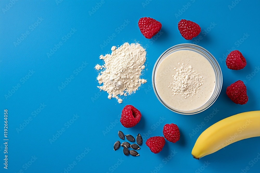 Fototapeta premium Protein powder lifestyle concept. A bowl of protein powder surrounded by raspberries, a banana, and seeds on a vibrant blue background.