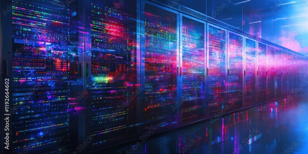 Obraz premium A vibrant data center with glowing server racks and a colorful digital backdrop, showcasing high-tech computing and network activity.