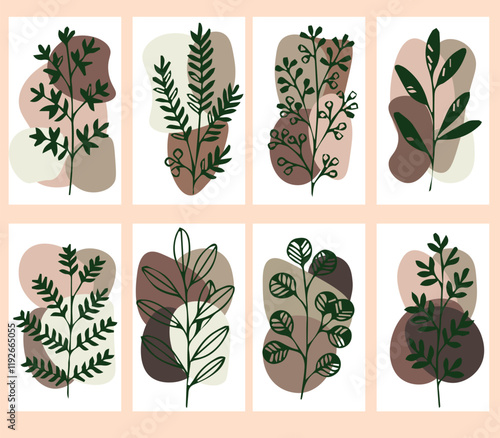 set Flowers drawn by hand line, logo for design, on white background, Mocha Mousse colors - Pantone colors of 2025