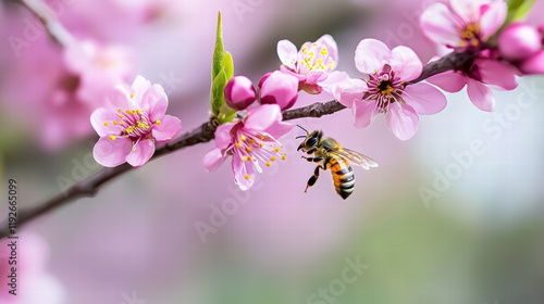 bee pollinating pink flowers on branch in springtime