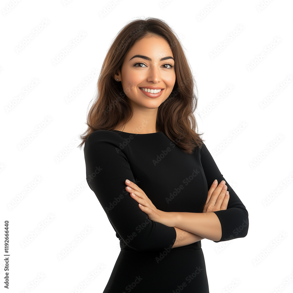 Smiling businesswoman in black dress isolated on transparent background Smiling businesswoman in black dress isolated on transparent background