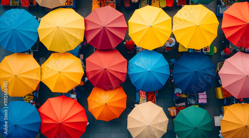 A vibrant aerial view of colorful umbrellas arranged in a pattern, creating a lively and cheerful atmosphere.