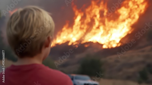 Families fleeing their homes as flames approach, wildfire impact, urgent evacuation. photo