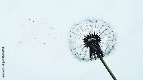 Wallpaper Mural diente de león en primer plano, con algunas de sus semillas volando suavemente en el aire. El fondo es claro y minimalista, lo que resalta la delicadeza y ligereza de la planta. La escena transmite un Torontodigital.ca