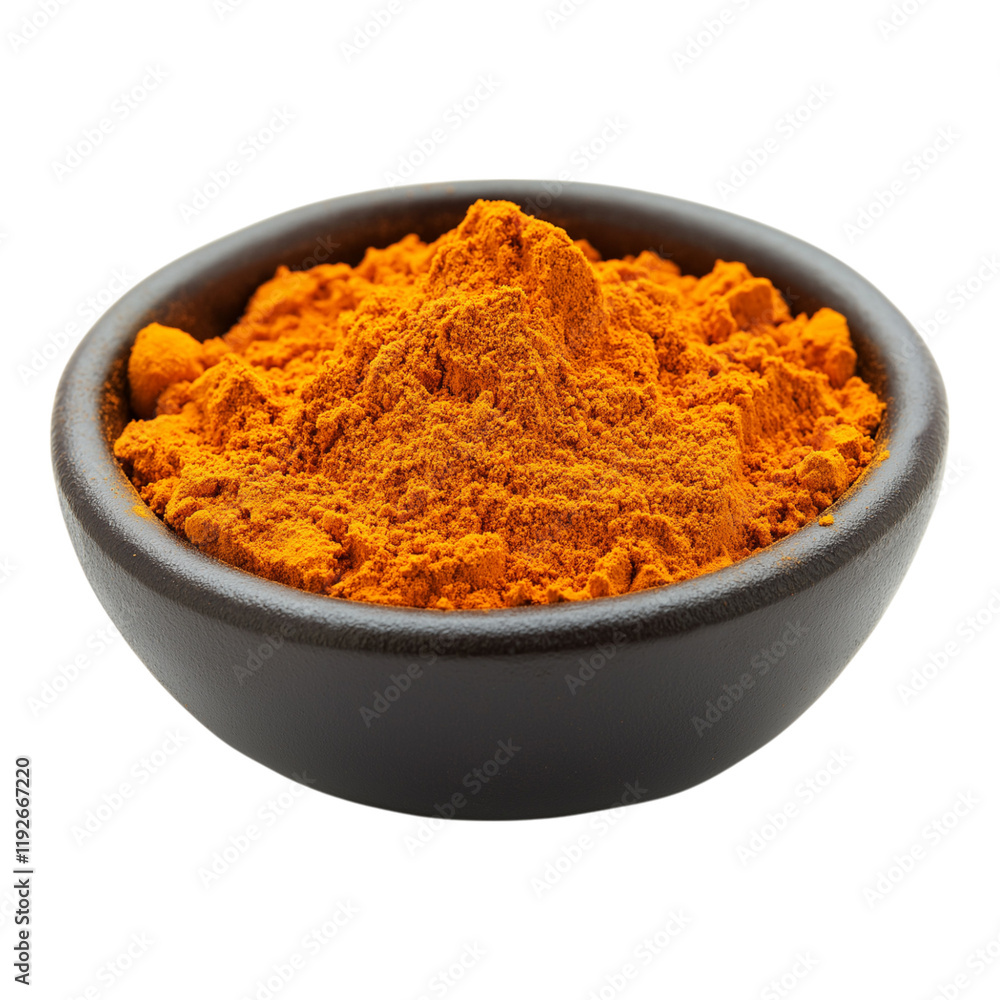 Orange powder in a black bowl isolated on a white background Orange powder in a black bowl isolated on a white background