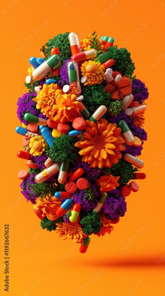 A vibrant arrangement of colorful flowers and pills, symbolizing health and nature's beauty intertwined against a bright orange background. A vibrant arrangement of colorful flowers and pills, symbolizing health and nature's beauty intertwined against a bright orange background.
