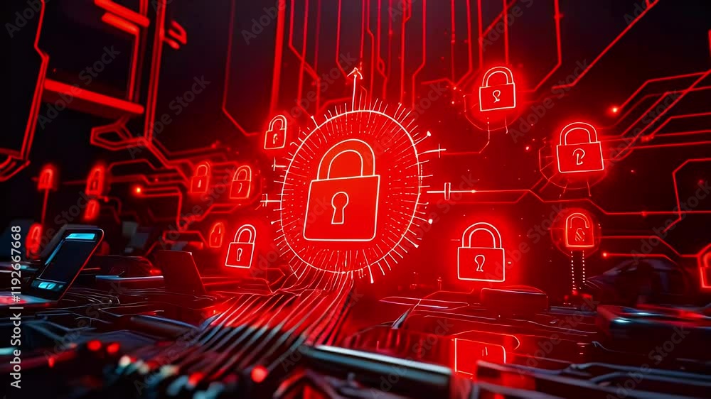 A digital representation of cybersecurity with red padlocks and circuit patterns. A digital representation of cybersecurity with red padlocks and circuit patterns.