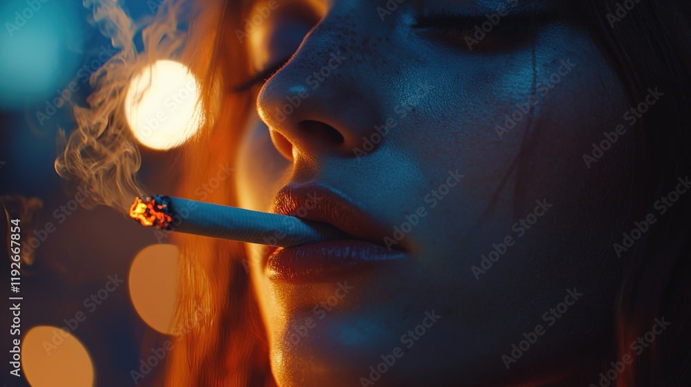 Fototapeta premium Intense Portrait of a Woman Smoking at Dusk
