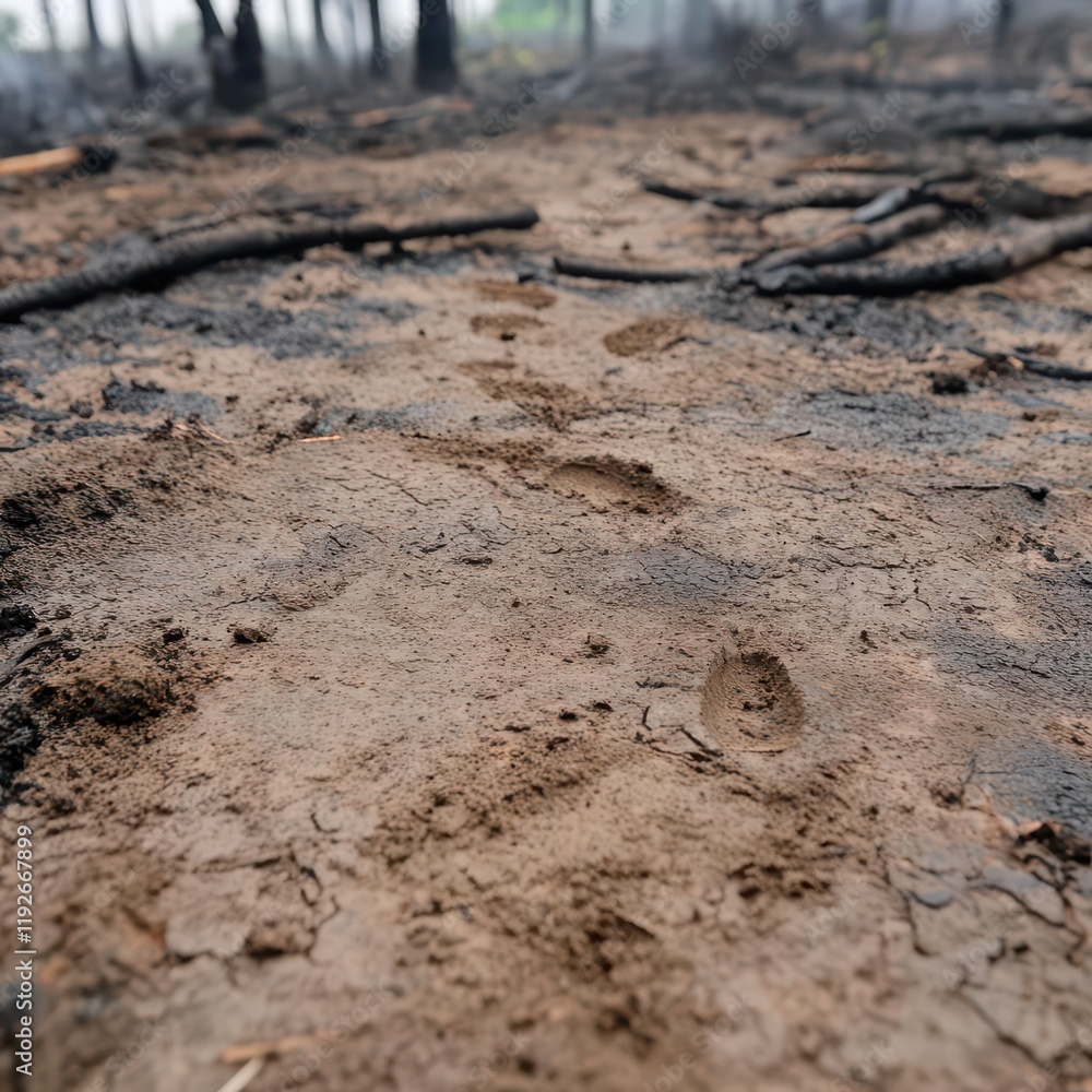 Animal tracks imprinted in ashen soil, remnants of a wildfire, hints of an evacuation still linger. Animal tracks imprinted in ashen soil, remnants of a wildfire, hints of an evacuation still linger.