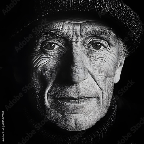 Primer plano retrato de hombre senior mayor con expresión mirando a cámara