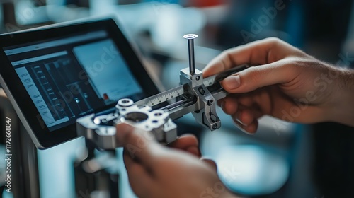 A close-up of an inspector’s hands holding a digital caliper to measure a product component, with a tablet in the background displaying measurement data, emphasizing accuracy in modern quality 