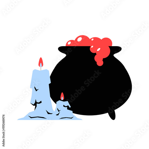 Witch Cauldron And Melting Candles In Flat Vector Illustration Symbolizing Halloween Spirit, Potion Brewing, And Magic, Isolated On White Background