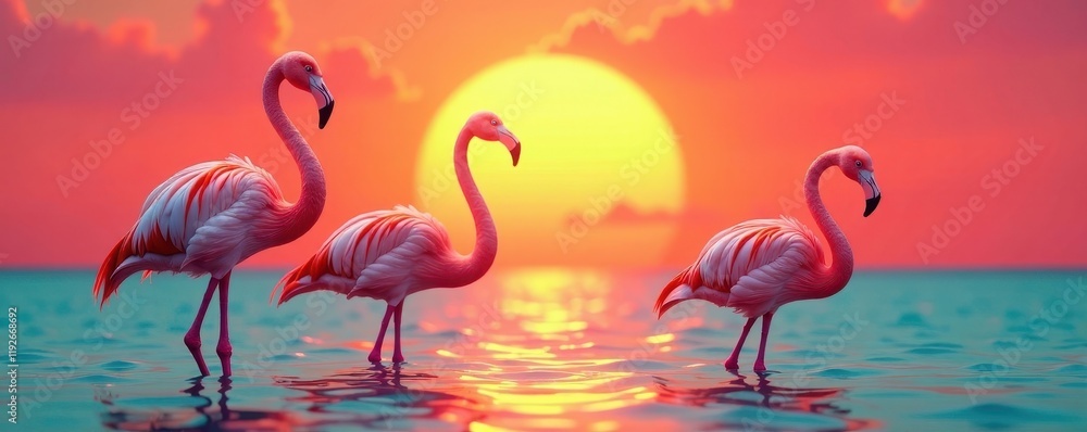Obraz premium Pink flamingos against a warm orange sunset background with vibrant hues of coral and turquoise, sunset, landscape, pink
