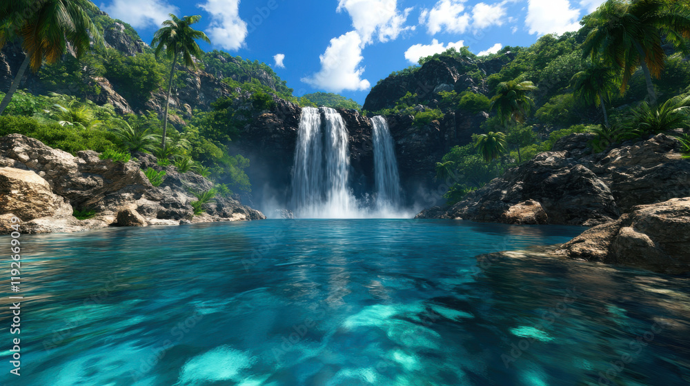 Fototapeta premium Grand waterfall plunging into clear waters, rugged cliffs framing the powerful cascade