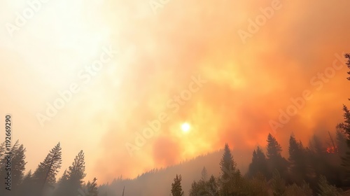 The silhouette of forested hills, illuminated by muted sunlight in a hazy sky filled with thick wildfire smoke, creates a scene of eerie beauty. photo