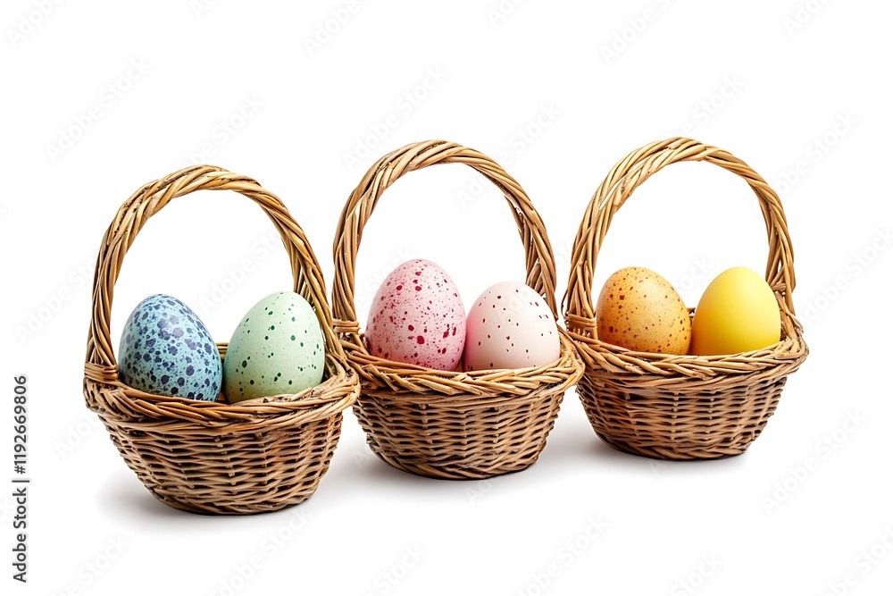 Three Wicker Baskets Filled with Colorful Easter Eggs Three Wicker Baskets Filled with Colorful Easter Eggs