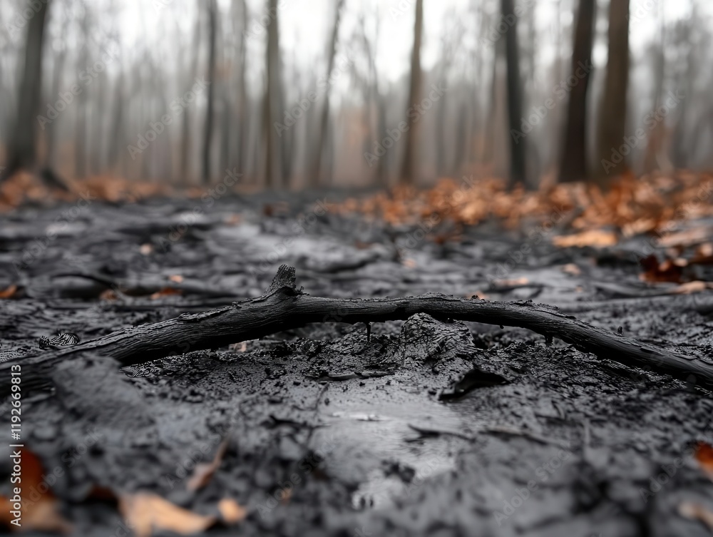 A barren forest floor, reduced to ash and charcoal, remnants of burnt wood scattered, creating a stark monochromatic landscape, eerily lifeless yet undeniably striking. A barren forest floor, reduced to ash and charcoal, remnants of burnt wood scattered, creating a stark monochromatic landscape, eerily lifeless yet undeniably striking.