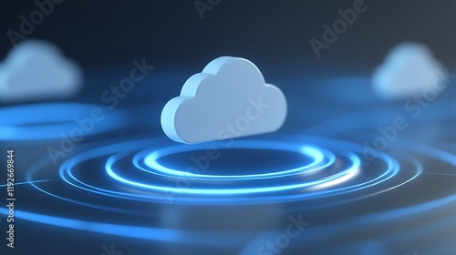 White cloud icon on a digital background with blue glowing rings and soft focus for technology concept