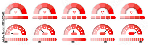 Set of red love gauge meter indicator icons in a flat design