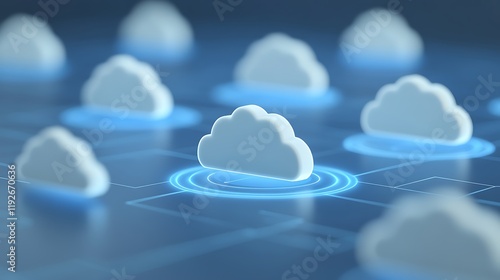 White clouds with glowing blue circles in a digital network representing cloud computing technology