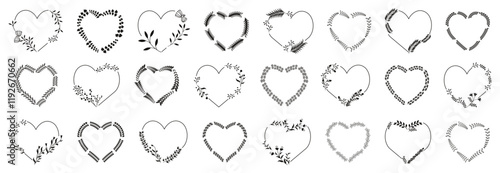 Set of floral heart wreath frame with leaves for  vintage decoration