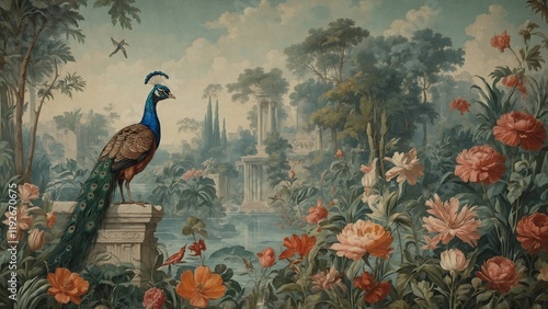Vintage Roman mural wallpaper with garden, forest, peacock, bird, flower vase, botanical plant landscape illustration