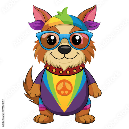 A cartoon hippie dog wearing round glasses, a tie-dye bandana, and holding a peace sign solid white