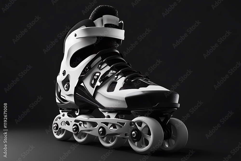 Stylish White and Black Inline Skates on Dark Background Stylish White and Black Inline Skates on Dark Background