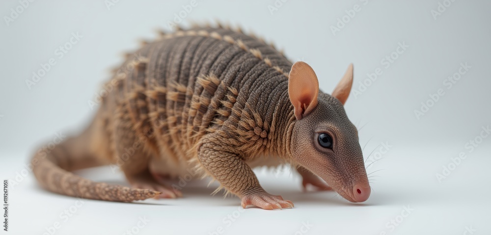 Close-up of armadillo with intricate scales on white background Close-up of armadillo with intricate scales on white background
