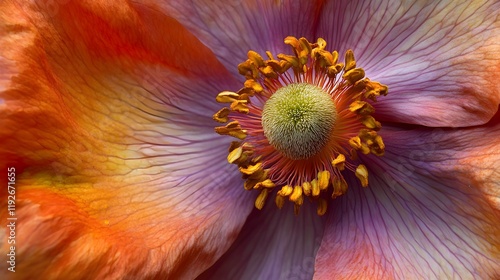 A close-up of a multicolored blossom with bold, saturated shades that transition seamlessly from the center to the edges, highlighting the beauty of natural pigments and the rich diversity found  photo