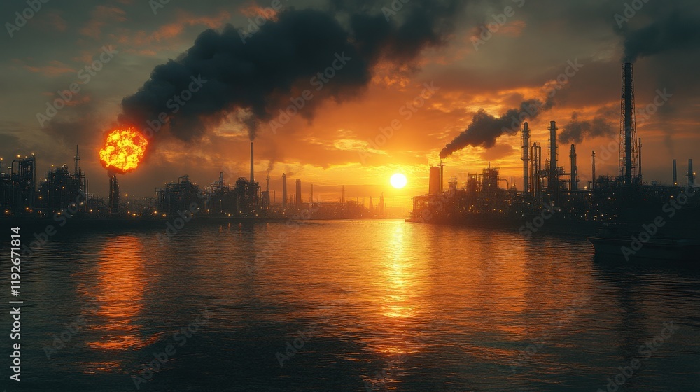 Dramatic Sunset Over Industrial Complex with Smoky Skies and Reflective Water, Showcasing Energy Production and Environmental Impact at Dusk Dramatic Sunset Over Industrial Complex with Smoky Skies and Reflective Water, Showcasing Energy Production and Environmental Impact at Dusk