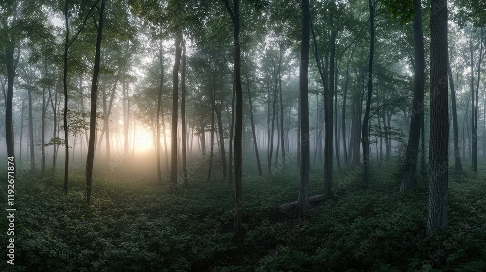 Sun rays pierce through misty forest at dawn, illuminating tall trees and undergrowth. Sun rays pierce through misty forest at dawn, illuminating tall trees and undergrowth.