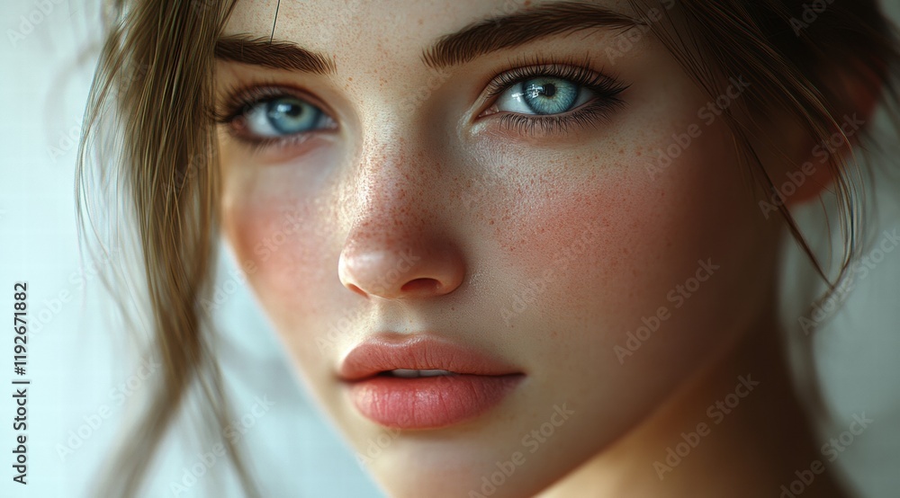 Fototapeta premium A close-up portrait of a beautiful woman with blue eyes and brown hair, featuring clear skin 