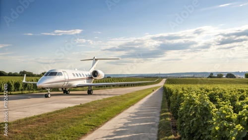 A private jet sits on a runway beside lush vineyards under a blue sky, capturing a serene blend of luxury travel and nature.