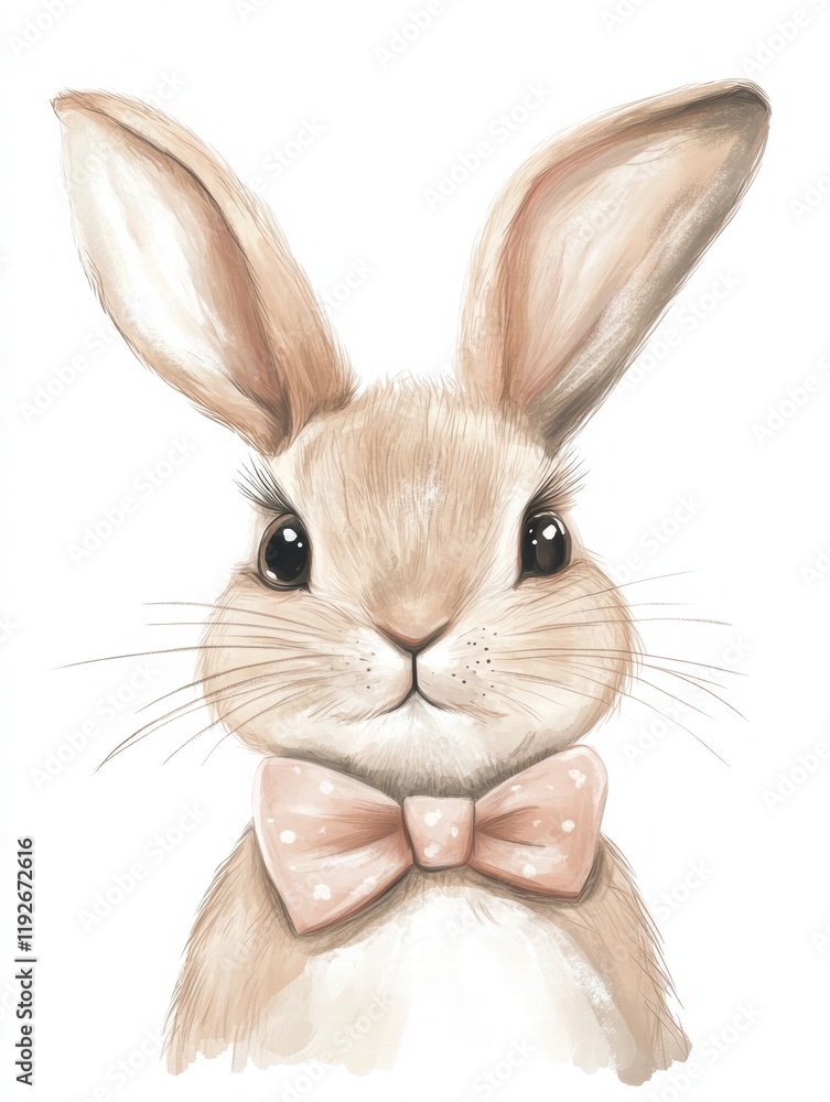 Obraz premium Cute illustrated rabbit wearing a pink bow tie in a friendly pose with soft fur and big eyes. Generative AI