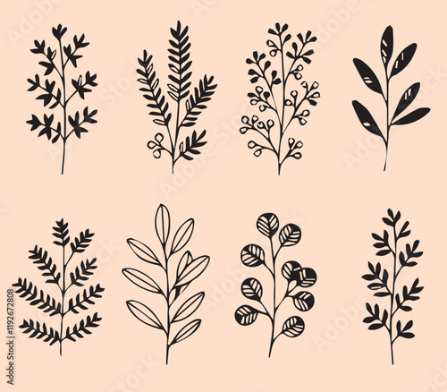 Print set Flowers hand drawn black line logo for design on white background plant branch