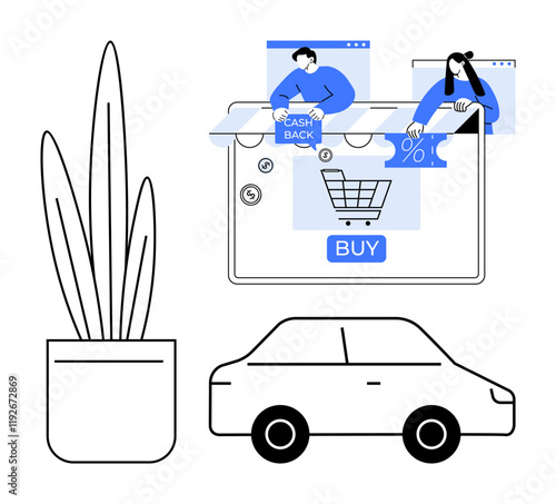 Online shoppers browsing deals and cashback offers on a tablet screen with a shopping cart button, highlighted by a plant and car. Ideal for e-commerce, online shopping, digital marketing, cashback photo