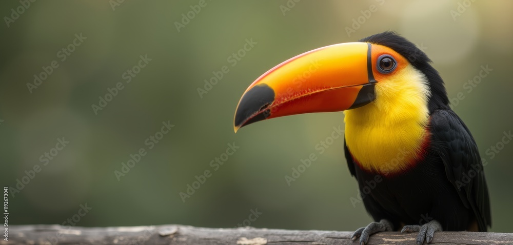 Naklejka premium Toucan perched on a rock with blurred foliage background