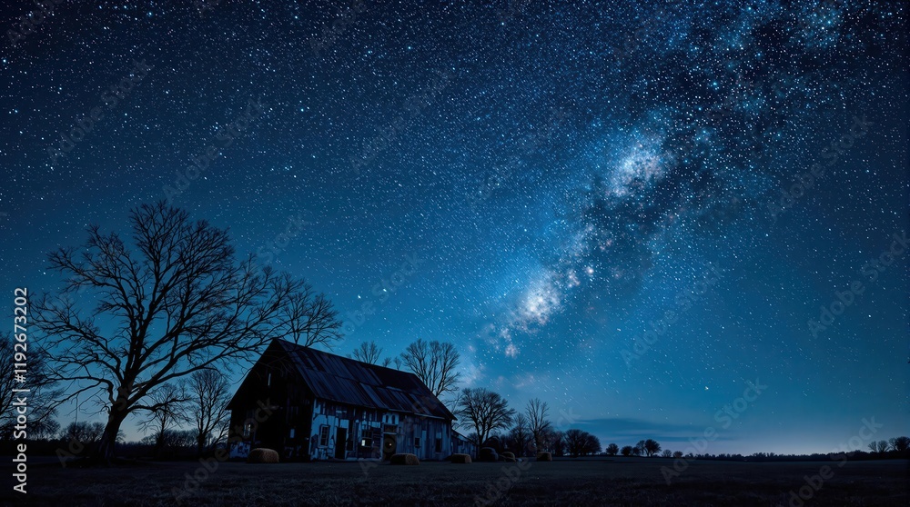 Serene nightscape of an old barn under a breathtaking Milky Way galaxy. Silhouetted trees and hay bales add to the rustic charm. Perfect for travel, nature, and astronomy themes Serene nightscape of an old barn under a breathtaking Milky Way galaxy. Silhouetted trees and hay bales add to the rustic charm. Perfect for travel, nature, and astronomy themes