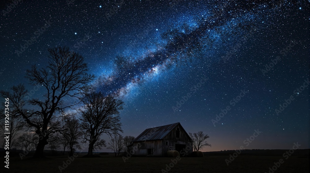 Serene nightscape of an old barn under a breathtaking Milky Way galaxy. Silhouetted trees and hay bales add to the rustic charm. Perfect for travel, nature, and astronomy themes Serene nightscape of an old barn under a breathtaking Milky Way galaxy. Silhouetted trees and hay bales add to the rustic charm. Perfect for travel, nature, and astronomy themes