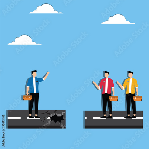 Risks and crises in business cooperation, mistrust or betrayal between partners, broken and collapsed bridges between businessmen, businessmen on collapsed roads crying out for help to their partners 