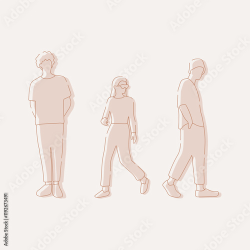 flat minimal people male and female vector illustration in spring summer clothing concept isolated set collection. Outline with silhouette shadow. For architecture, design, info graphic, media
