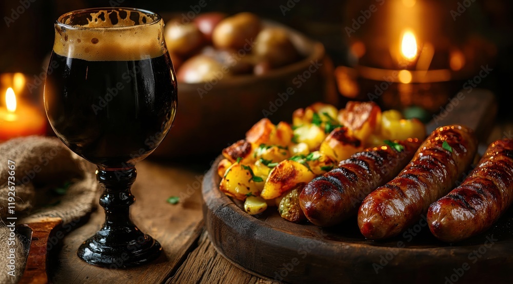 Black beer and grilled sausages with potatoes on a wooden table Black beer and grilled sausages with potatoes on a wooden table